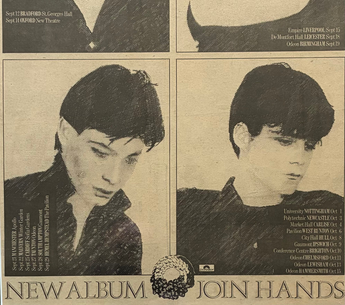SIOUXSIE and the BANSHEES - Original 15/9/1978 “ Hold Hands “ advert and tour dates . Framed