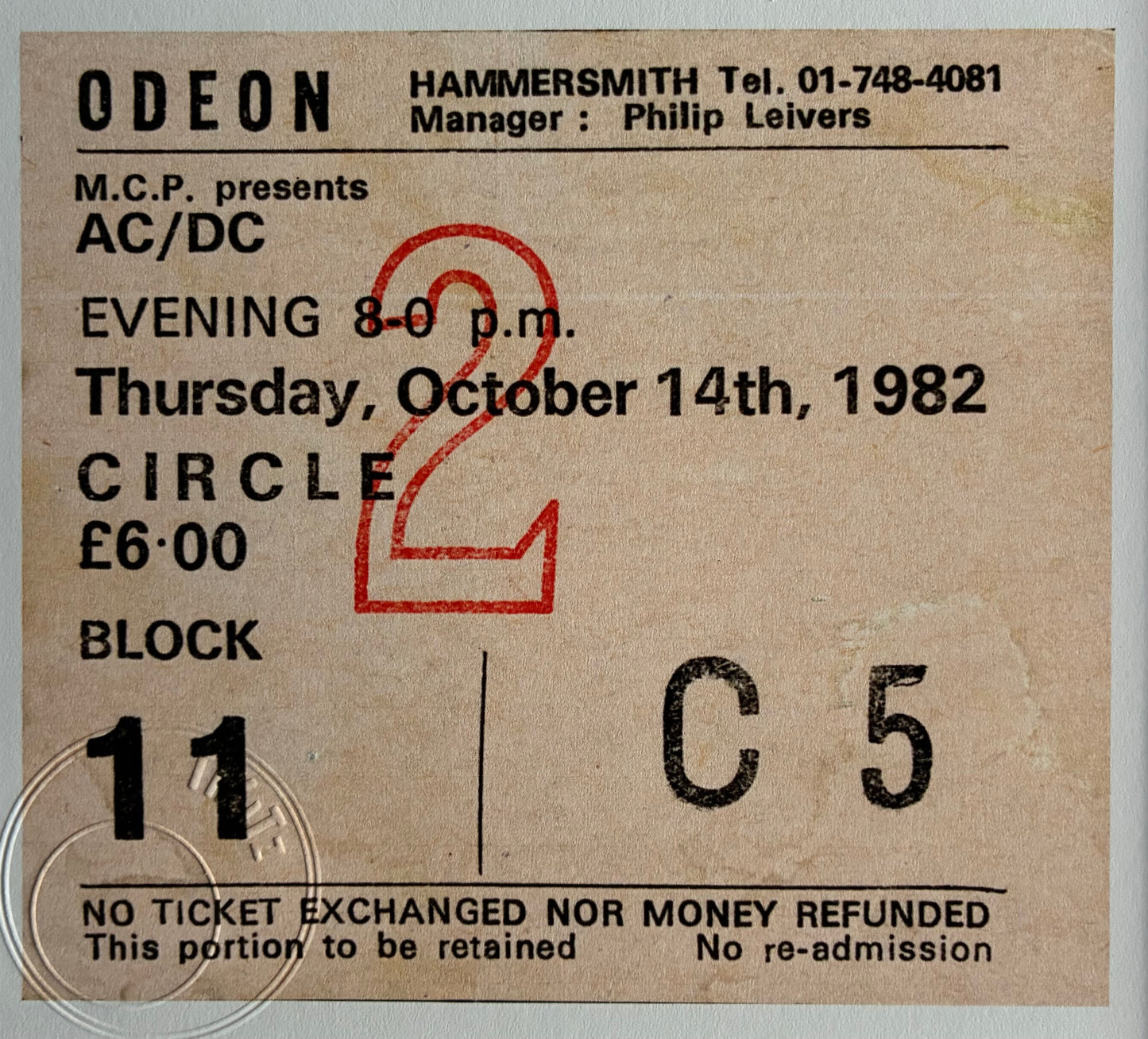 AC/DC - 1982 Hammersmith Odeon , London framed ticket giclee print