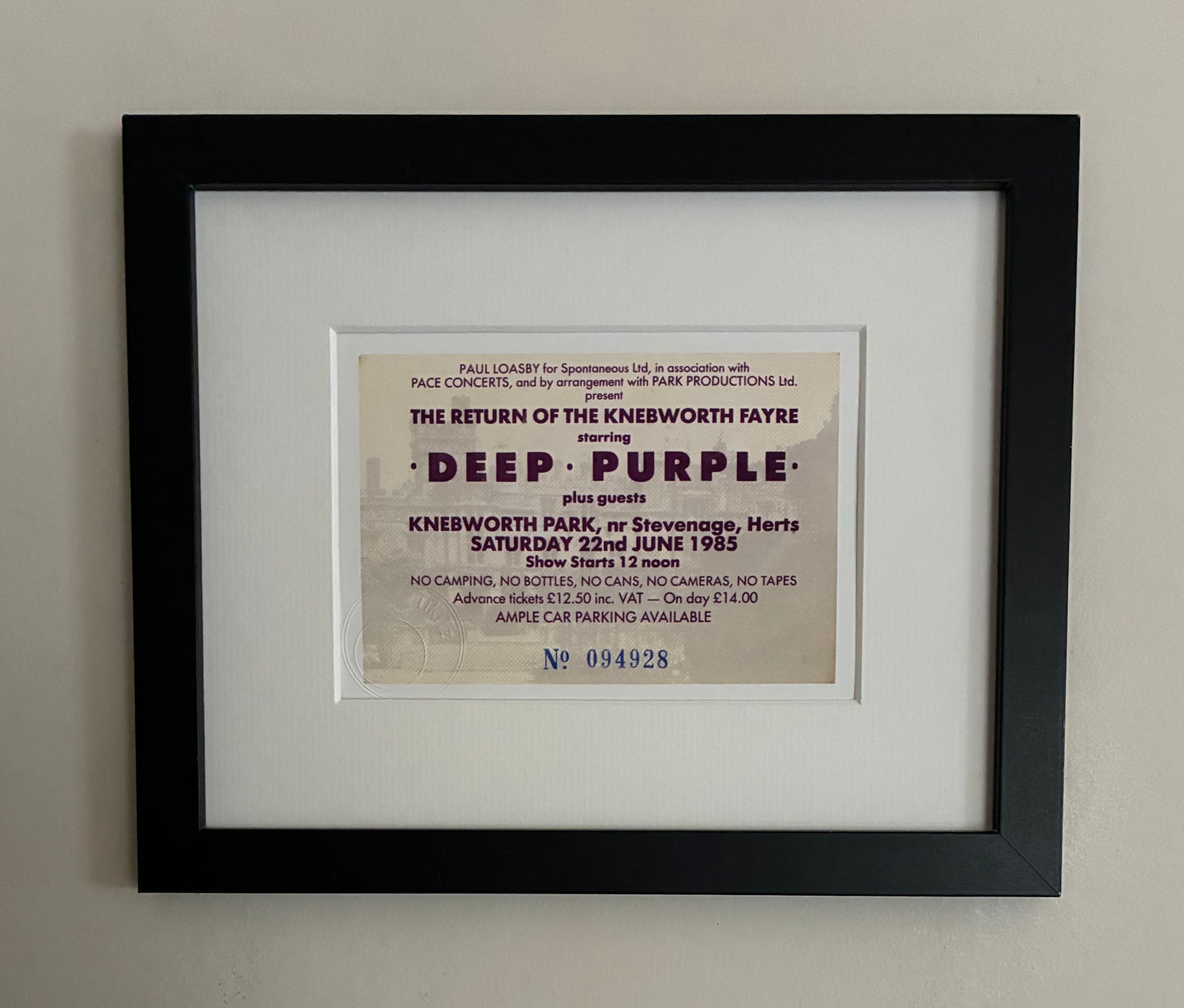 DEEP PURPLE  -22/6/1985 Knebworth Park framed ticket giclee print
