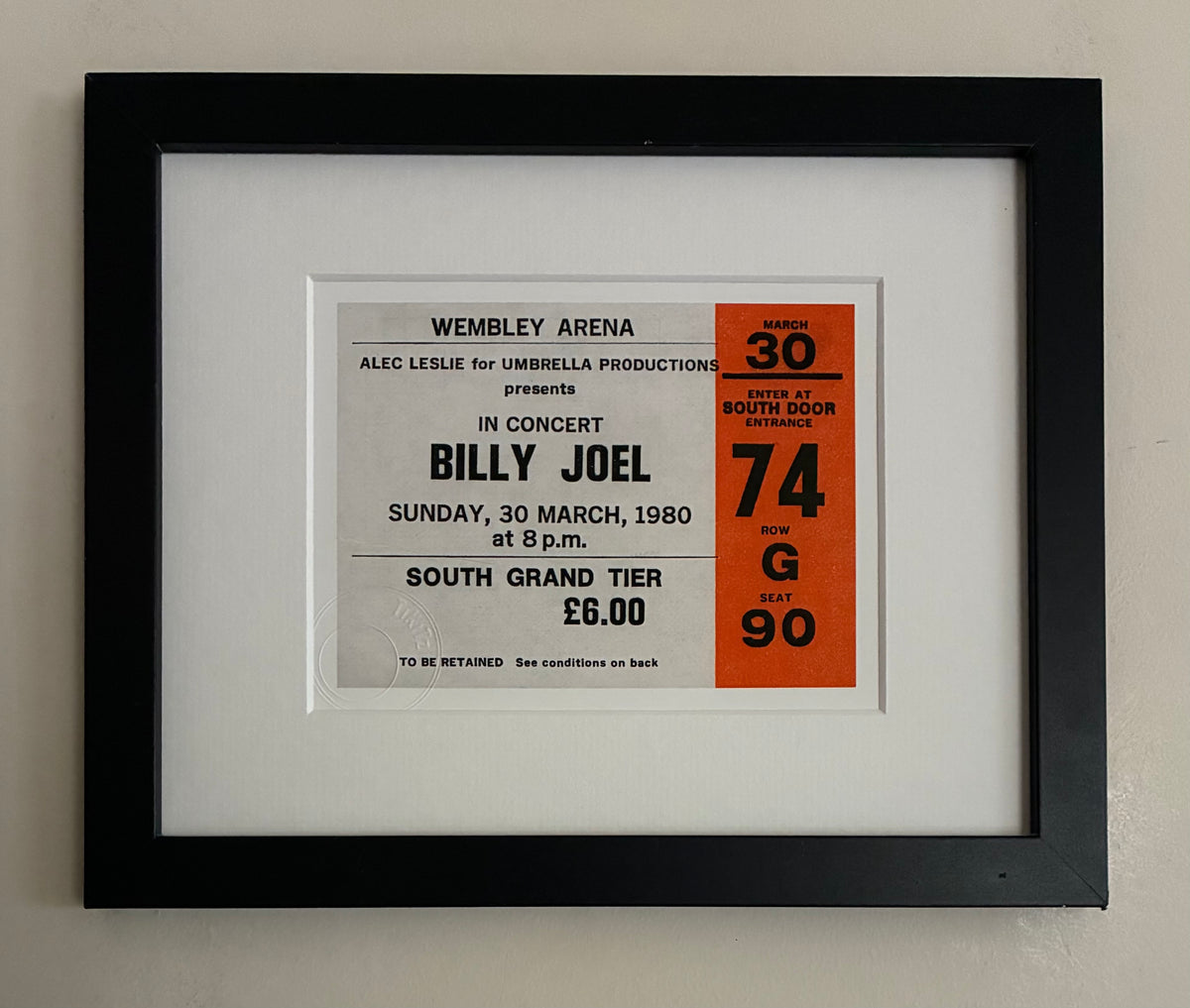 BILLY JOEL - 1980 Wembley Arena , London framed ticket giclee print