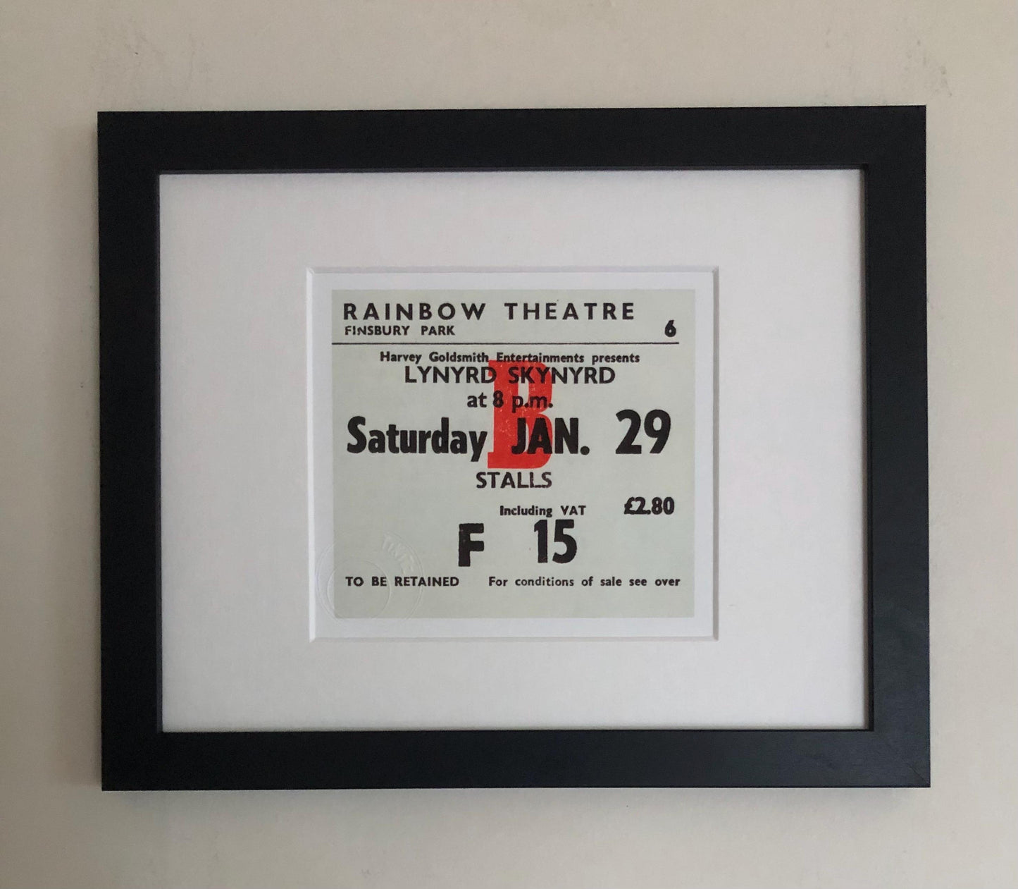 LYNYRD SKYNYRD - 1977 Rainbow Theatre, Finsbury Park, London framed ticket giclee print