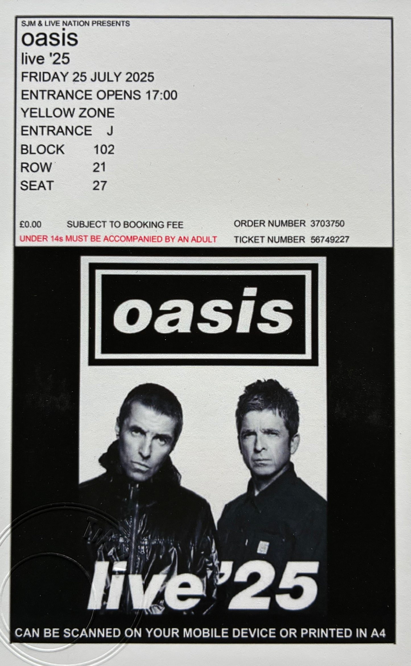 OASIS - 25/7/2025 Wembley Stadium, London framed ticket giclee print