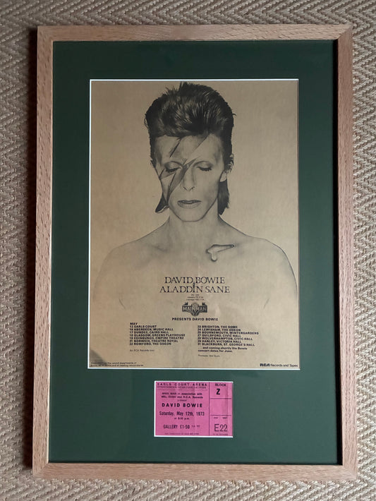 DAVID BOWIE - 1973 “ Aladdin Sane tour  “ concert advert and original ticket for the Earls Court, London concert on 12/5/1973 . Framed