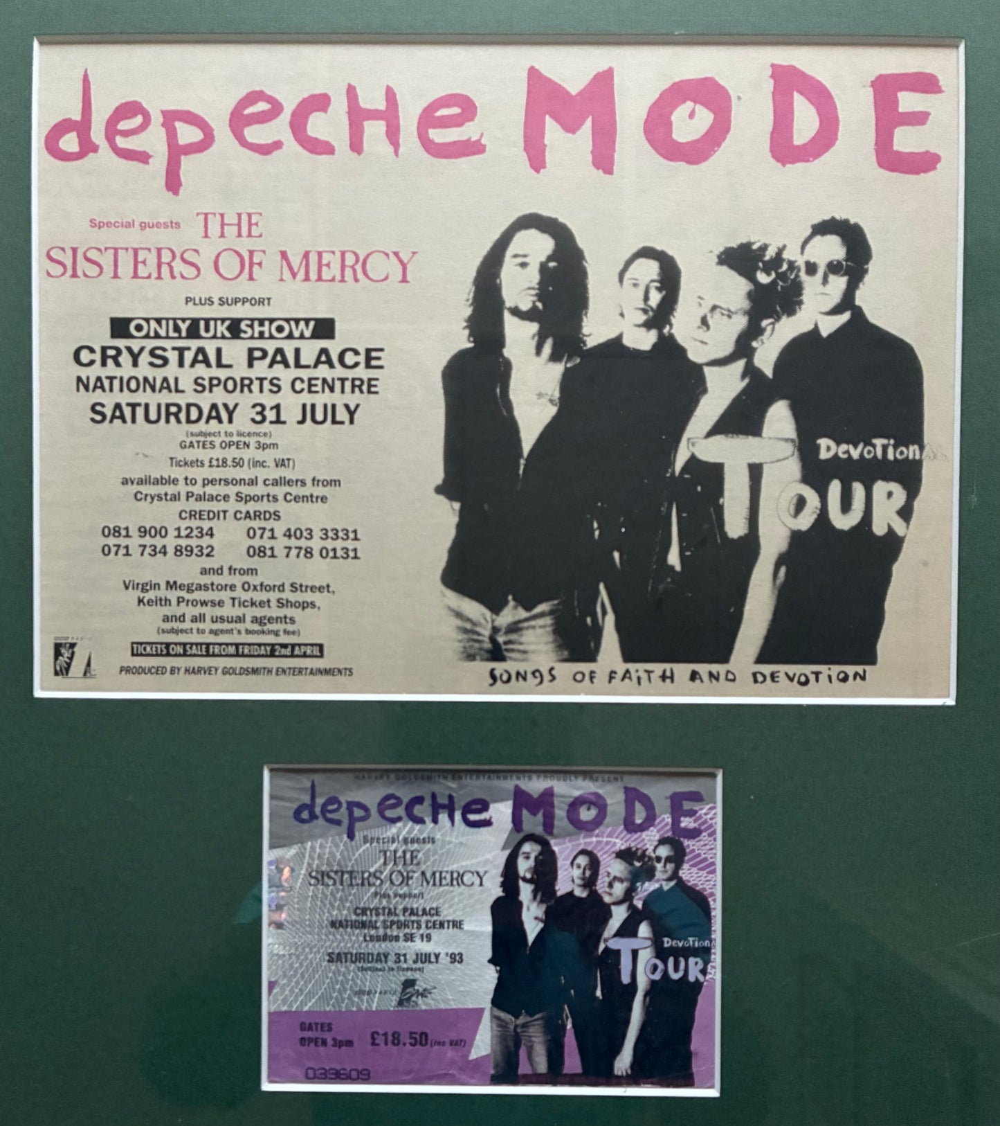 DEPECHE MODE - 1993 “ DevoTional tour “ concert advert and original ticket for the Crystal Palace National Sports Centre  concert on 31/7/1993 . Framed
