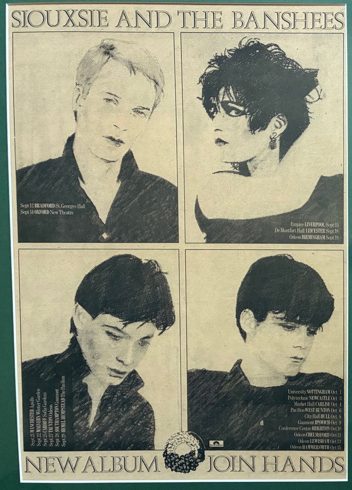 SIOUXSIE and the BANSHEES - Original 15/9/1978 “ Hold Hands “ advert and tour dates . Framed