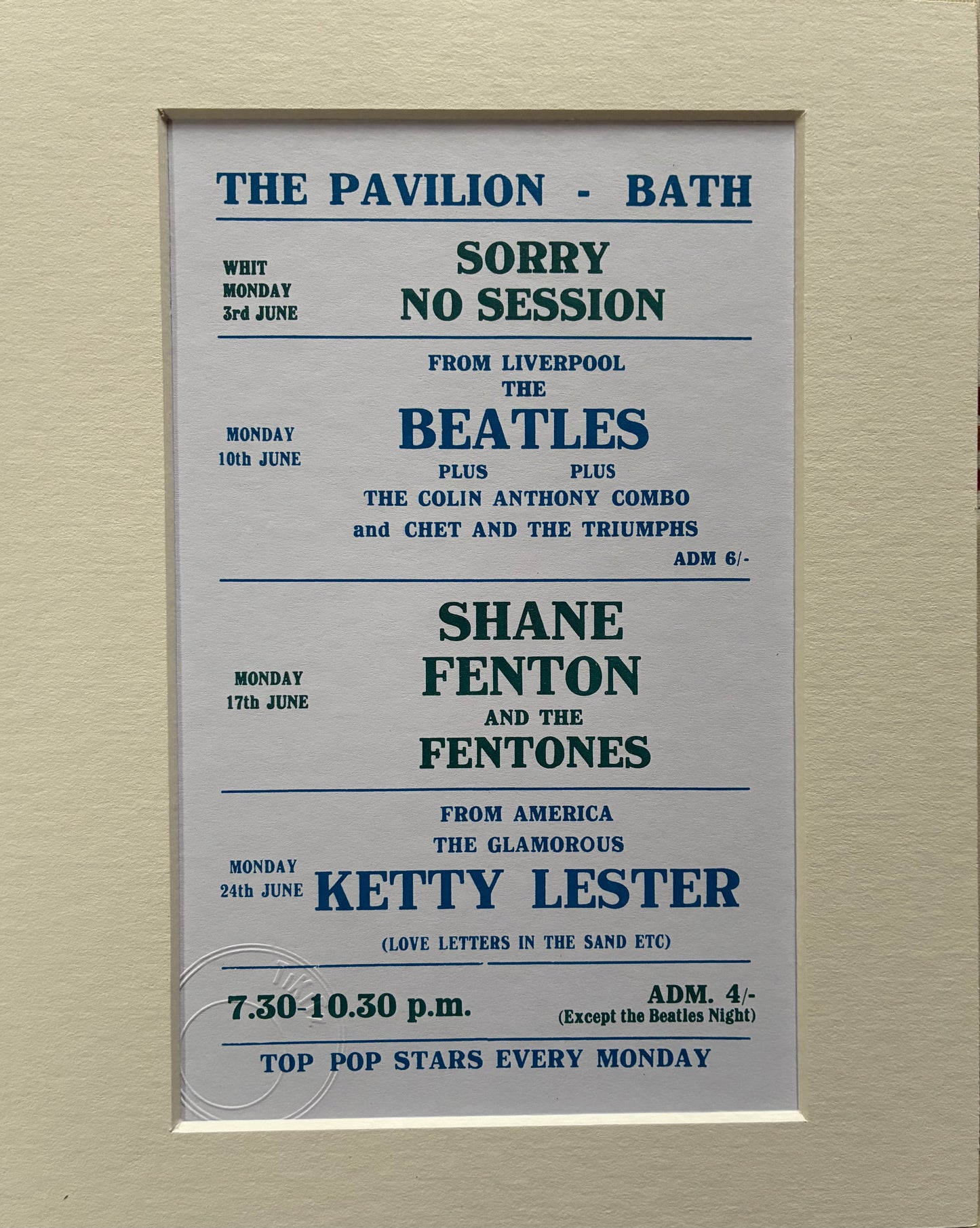 THE BEATLES - 10/6/1963 - The Pavilion, Bath, hand flyer reprint