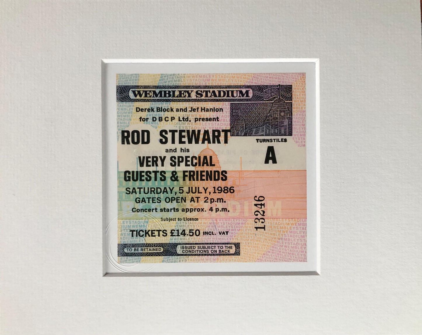 ROD STEWART and his VERY  SPECIAL GUESTS and FRIENDS - 1986 Wembley Stadium , London framed ticket giclee print