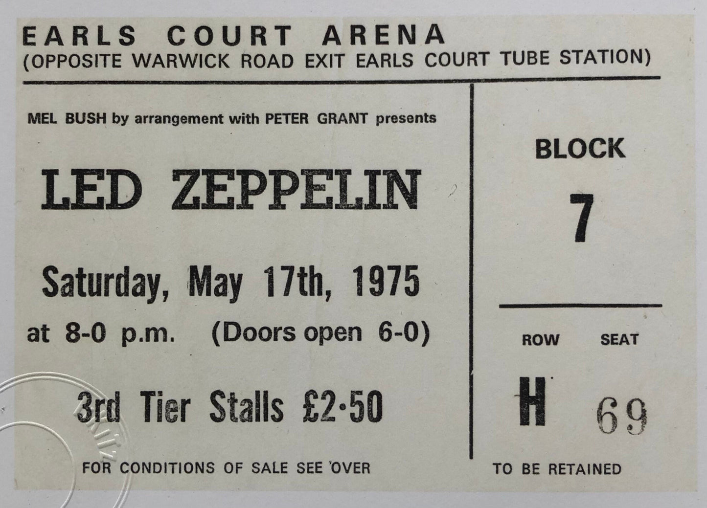 LED ZEPPELIN - 1975 Earls Court , London framed ticket giclee print