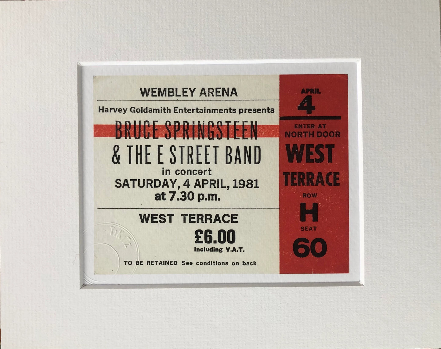 BRUCE SPRINGSTEEN and the E Street Band- 1981 Wembley Arena , London framed ticket giclee print