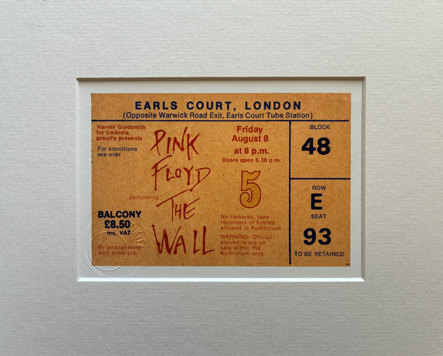 PINK FLOYD  - 1980 “ The Wall “ Earls Court , London framed ticket giclee print