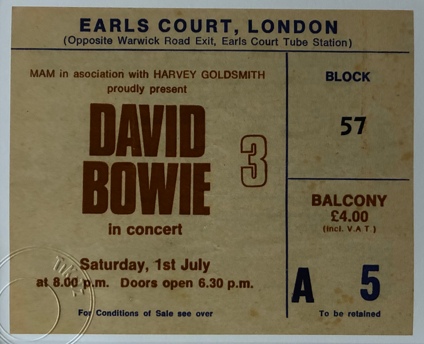 DAVID BOWIE - 1978 Earls Court (3rd night of a 3 night residency )London framed ticket giclee print