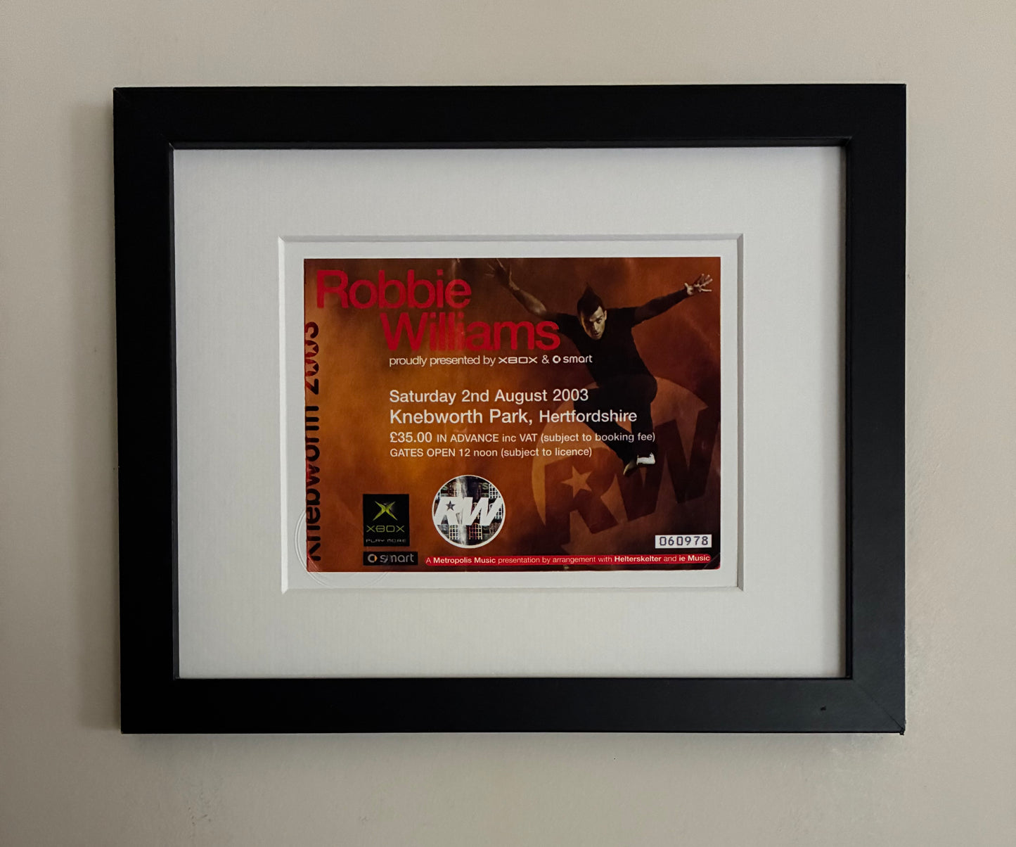 ROBBIE WILLIAMS - 2/7/2003 Knebworth Park framed ticket giclee print