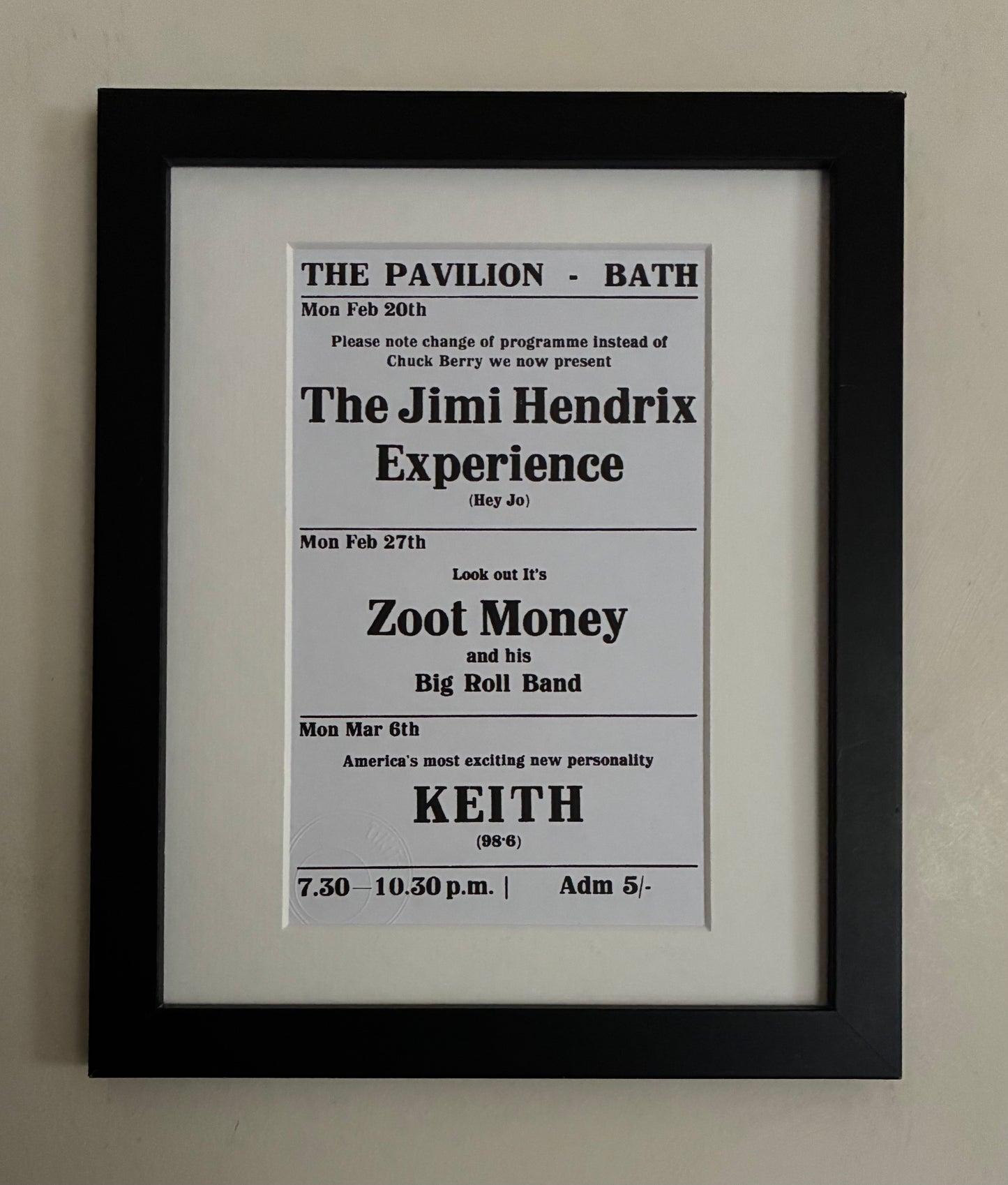 THE JIMI HENDRIX EXPERIENCE- 20/2/1967- The Pavilion, Bath, hand flyer reprint