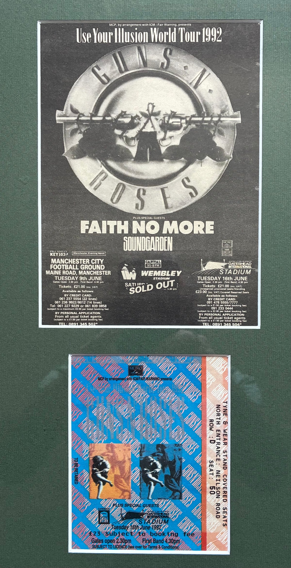 GUNS N ROSES- 1992 “ Use your Illusion “ concert advert and original ticket for the Gateshead concert on 16/6/1992. Framed