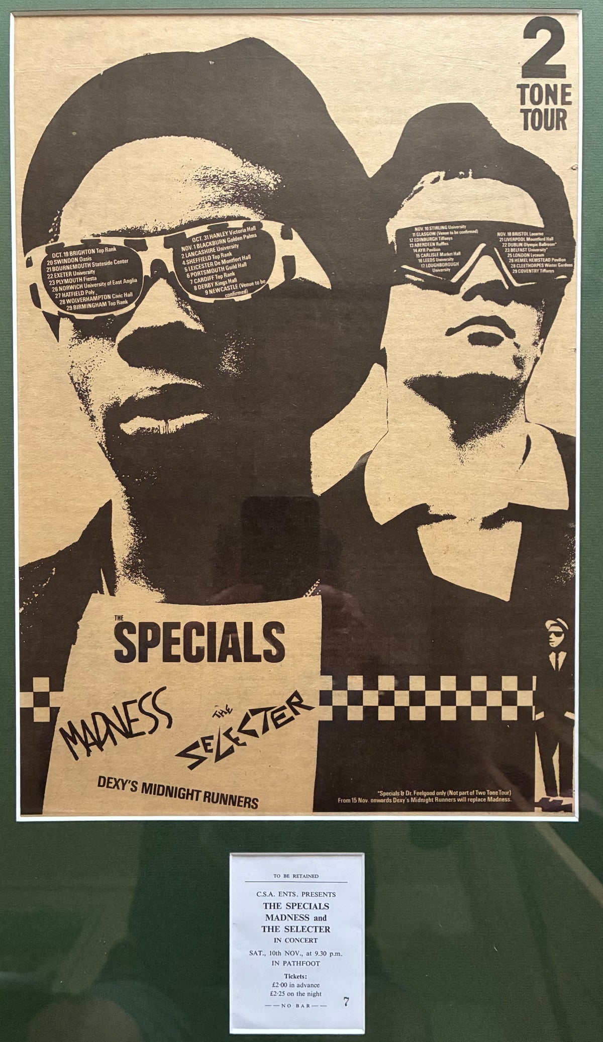 THE SPECIALS / MADNESS / THE SELECTOR 1979“ The Two Tone  tour ” concert advert and original ticket for the Stirling University concert on 10/11/1979 . Framed