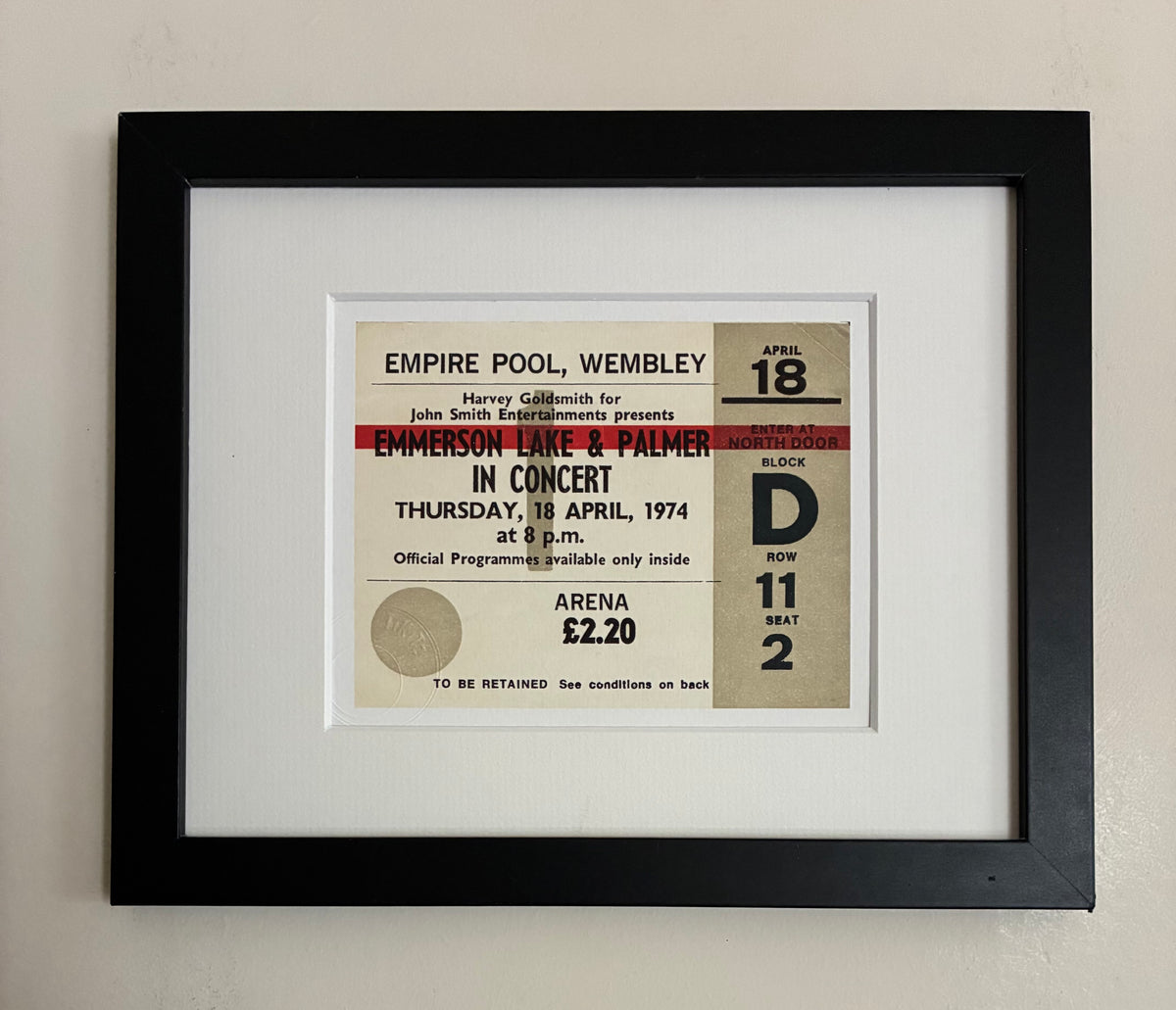 EMMERSON , LAKE and PALMER- 1974 Empire Pool , Wembley London framed ticket giclee print