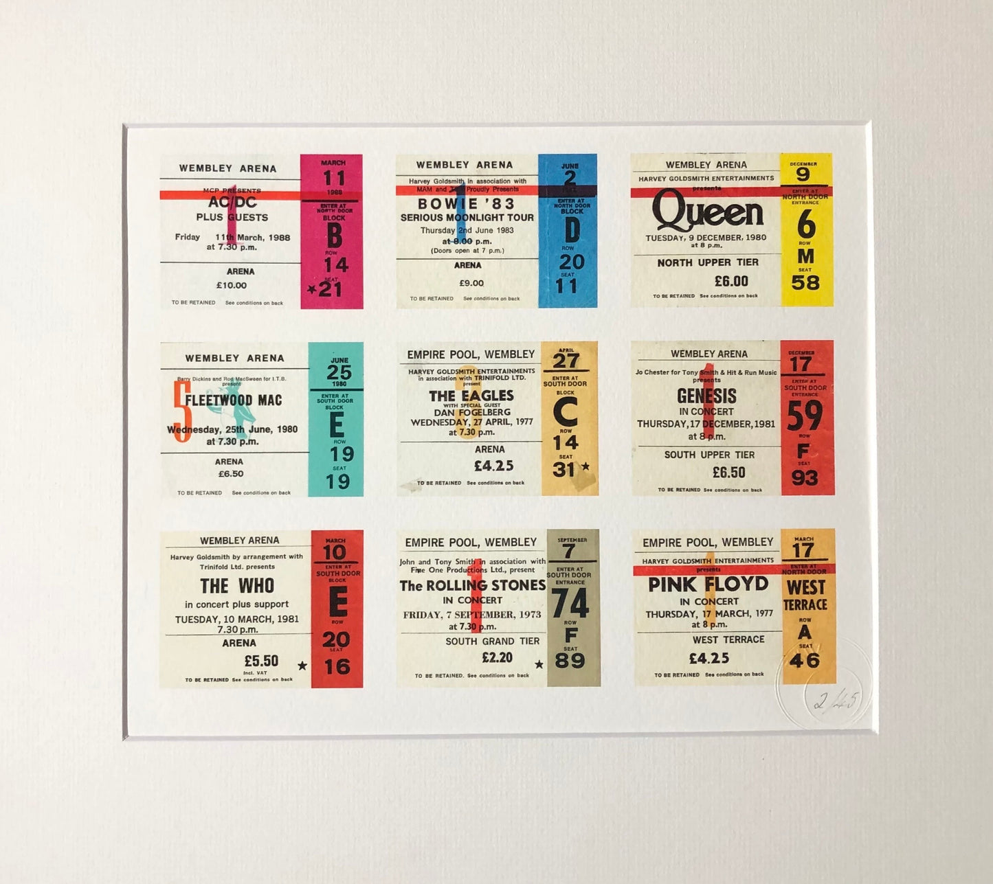 MUSIC ICONS WEMBLEY TICKETS 2 - A  framed limited edition ticket giclee print.  Featuring 9 different Artist / Band tickets .Edition size 45