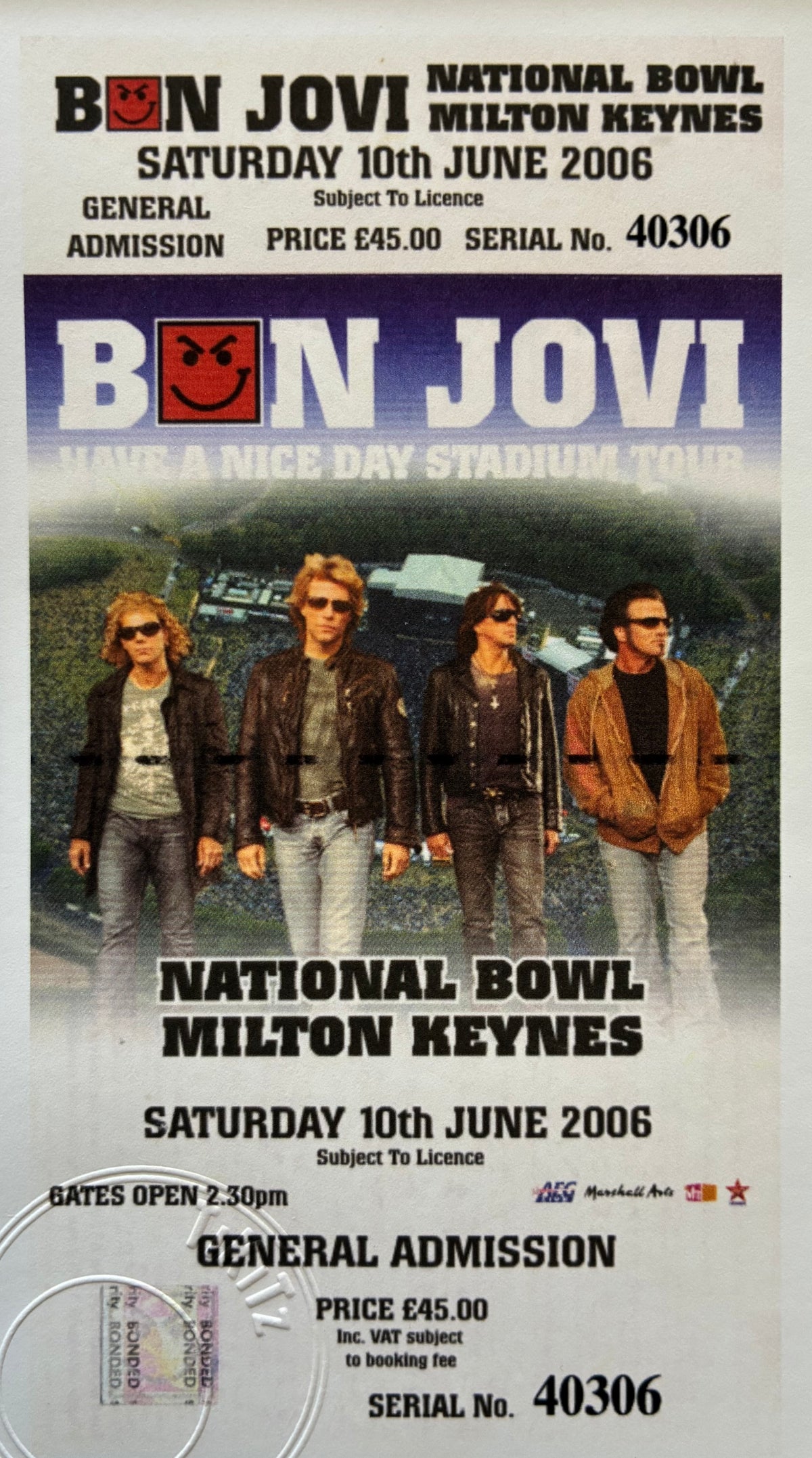 BON JOVI - 2006 National Bowl , Milton Keynes , London framed ticket giclee print
