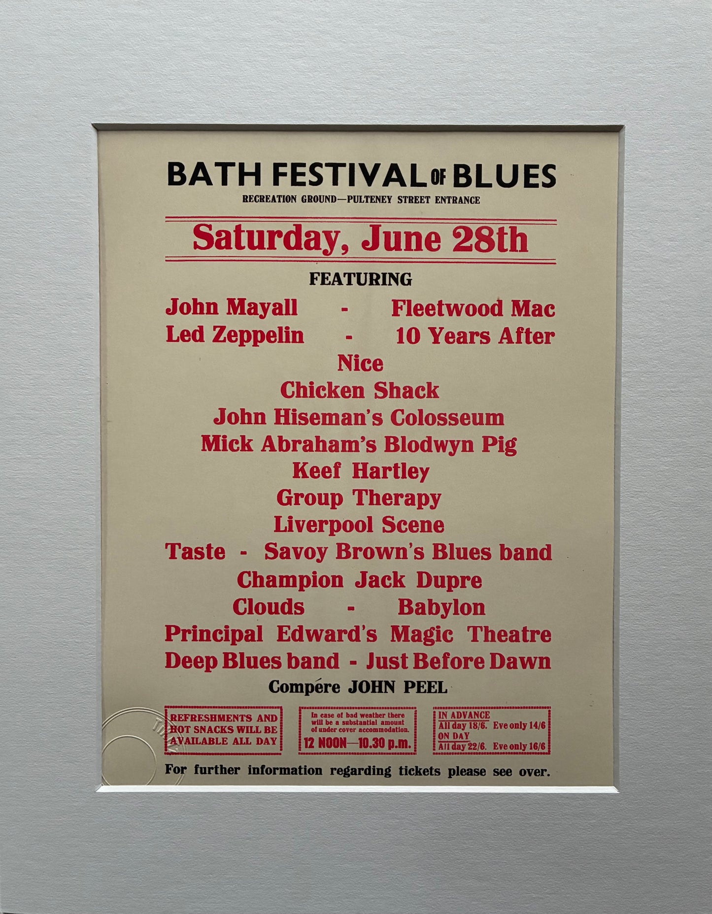 LED ZEPPELIN / FLEETWOOD MAC / JOHN MAYALL 1969 Bath Festival of Blues and Progressive rock hand flyer framed giclee reprint
