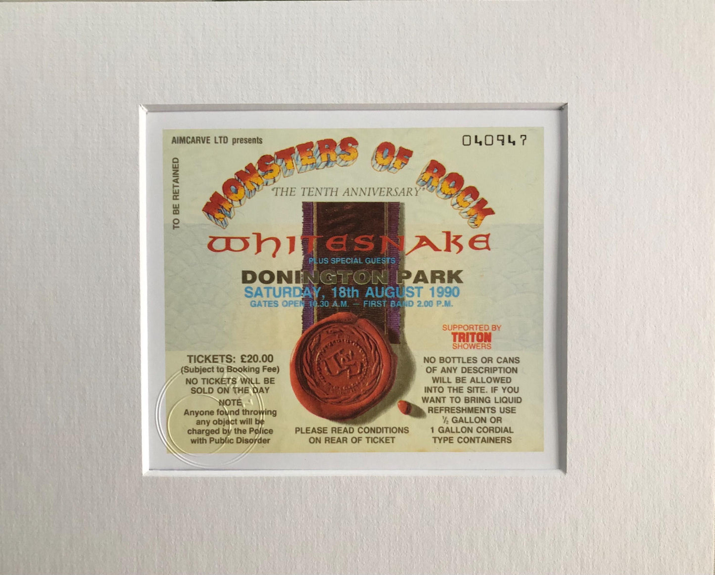 WHITESNAKE  - 18/8/1990 Monsters of Rock at Donington Park framed ticket giclee print