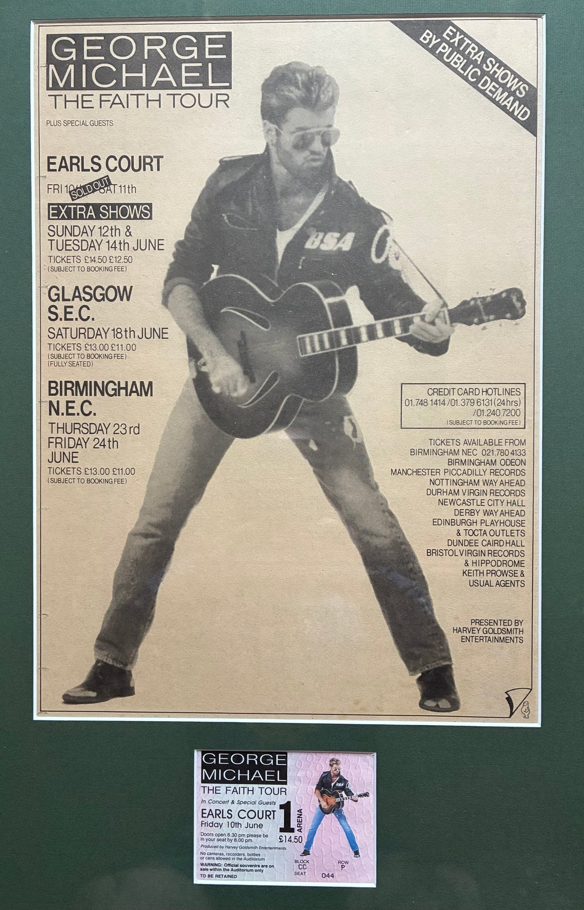 GEORGE  MICHAEL 1989 “ The Faith tour ” concert advert and original ticket for the Earls Court, London concert on 10/6/1989 . Framed