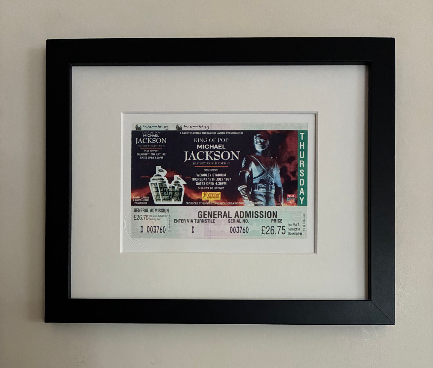 MICHAEL JACKSON- 1997 “ The HIStory World tour “Wembley Stadium , London framed ticket giclee print