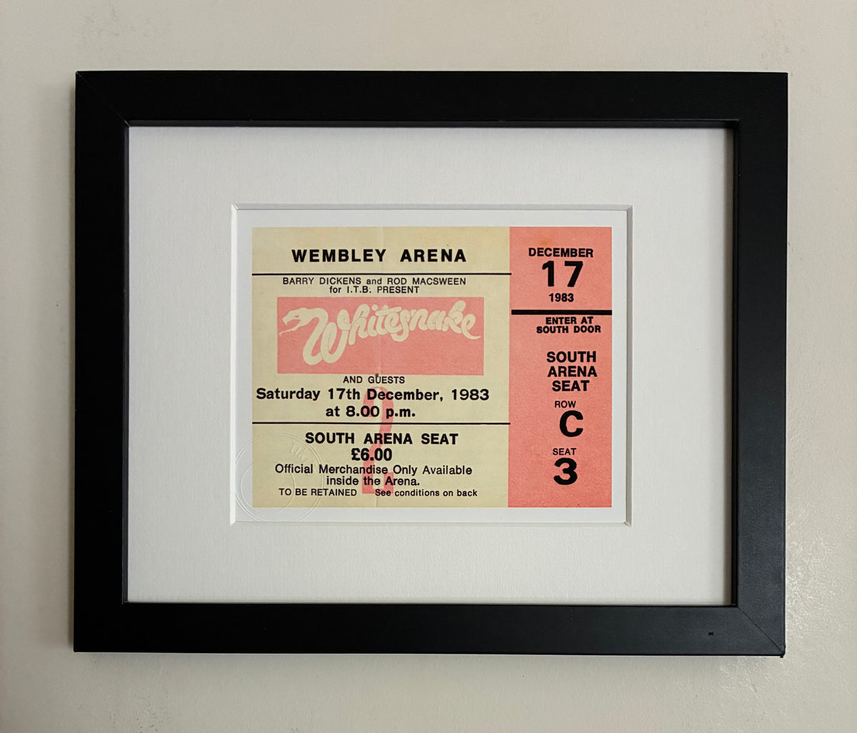 WHITESNAKE - 1983 Wembley Arena , London framed ticket giclee print
