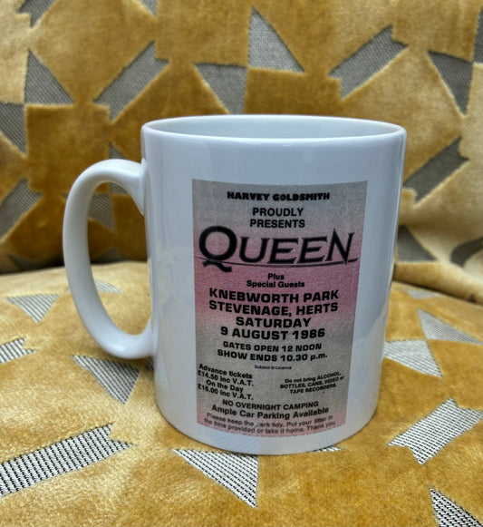 QUEEN  - 11oz ceramic mug featuring the 9/8/1986 “ Knebworth Park, Nr Stevenage, Herts  concert ticket on both sides