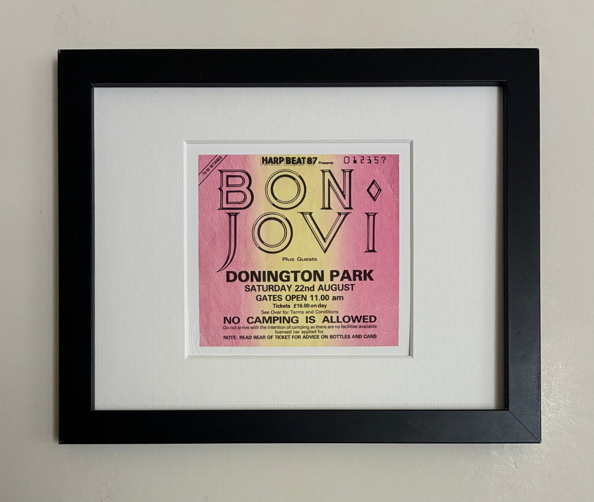 BON JOVI  - 22/8/1987 Monsters of Rock at Donington Park framed ticket giclee print ( staff /Production ticket )