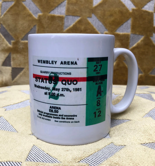 STATUS QUO - 11oz ceramic mug featuring the 1981 Wembley Arena, London ticket on both sides