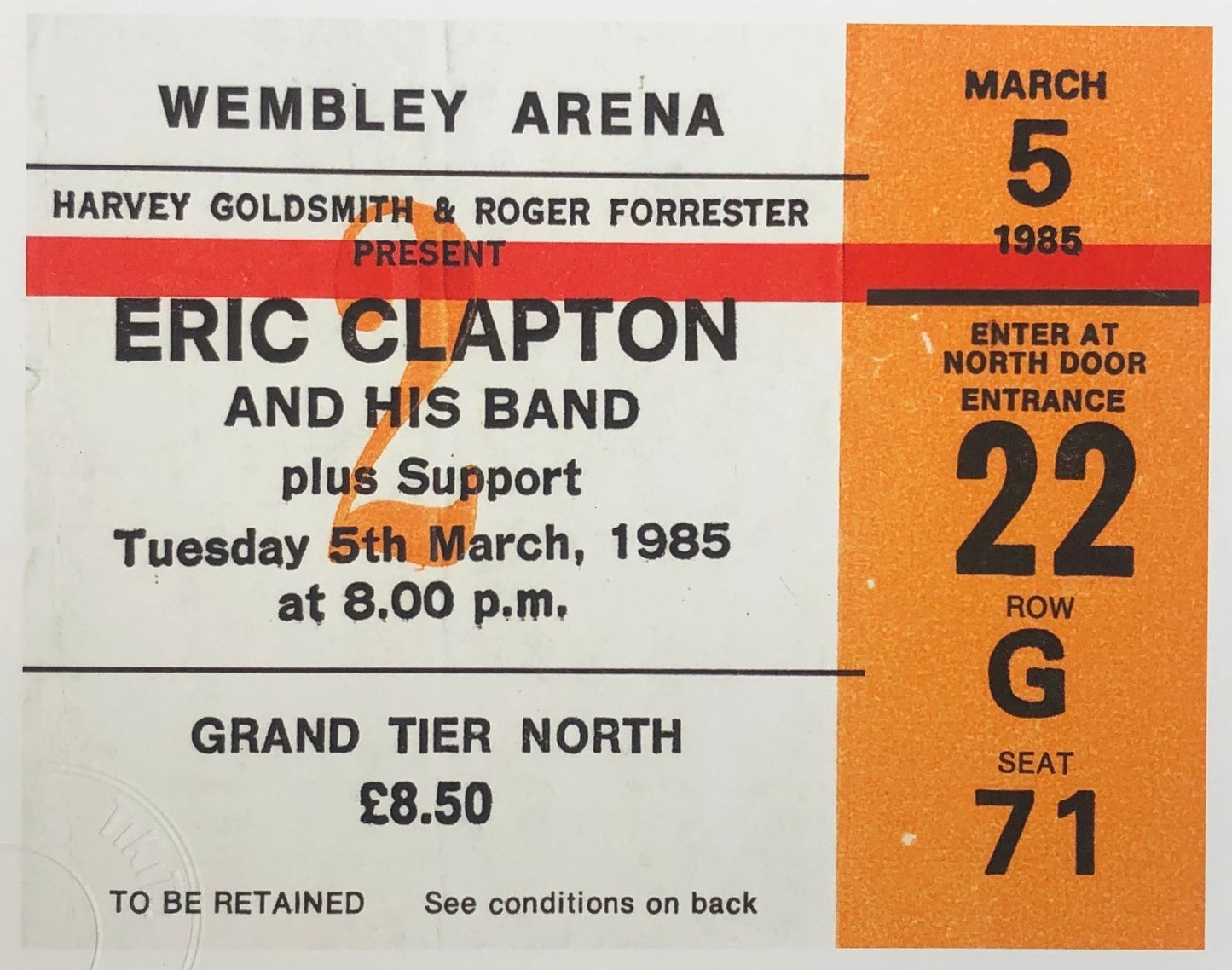 ERIC CLAPTON and his BAND - 1985  Wembley Arena , London framed ticket giclee print