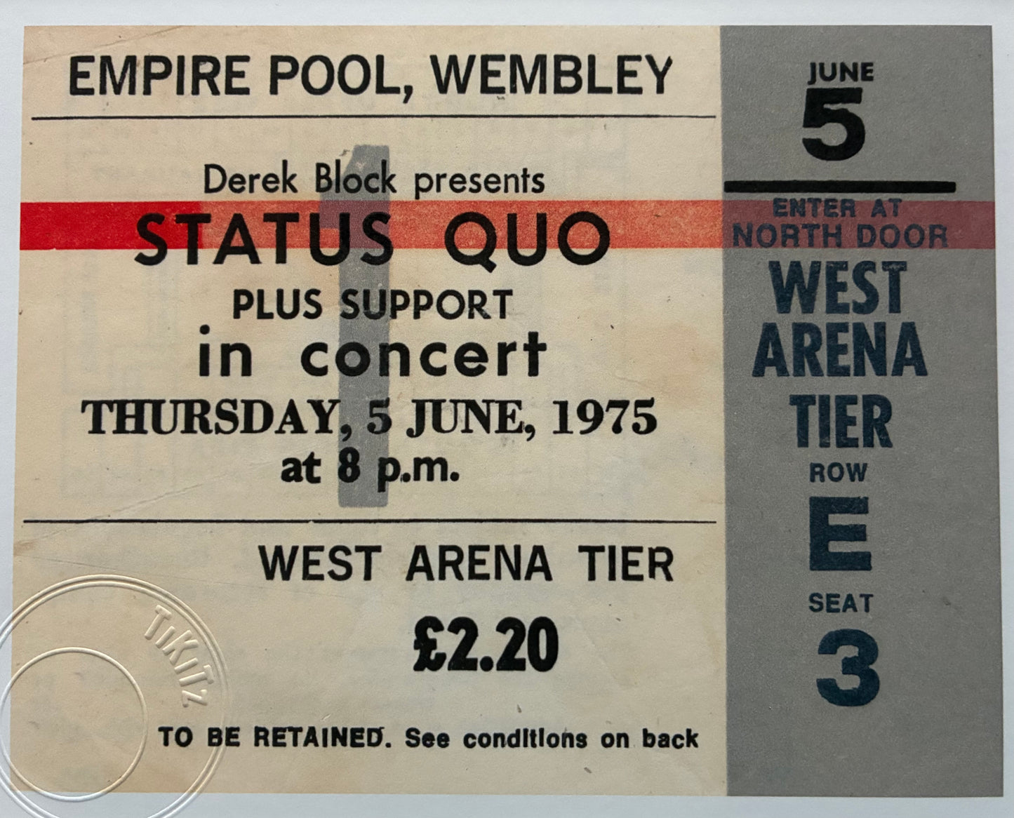 STATUS QUO - 1975 Empire Pool, Wembley , London framed ticket giclee print