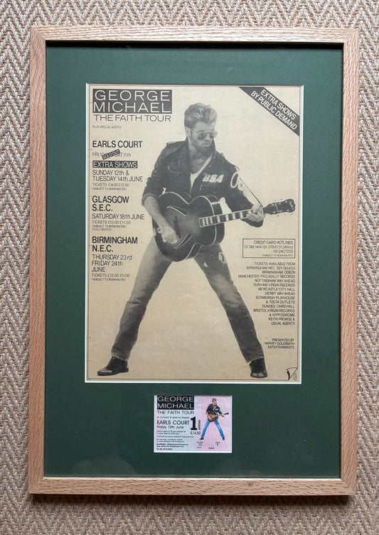 GEORGE  MICHAEL 1989 “ The Faith tour ” concert advert and original ticket for the Earls Court, London concert on 10/6/1989 . Framed