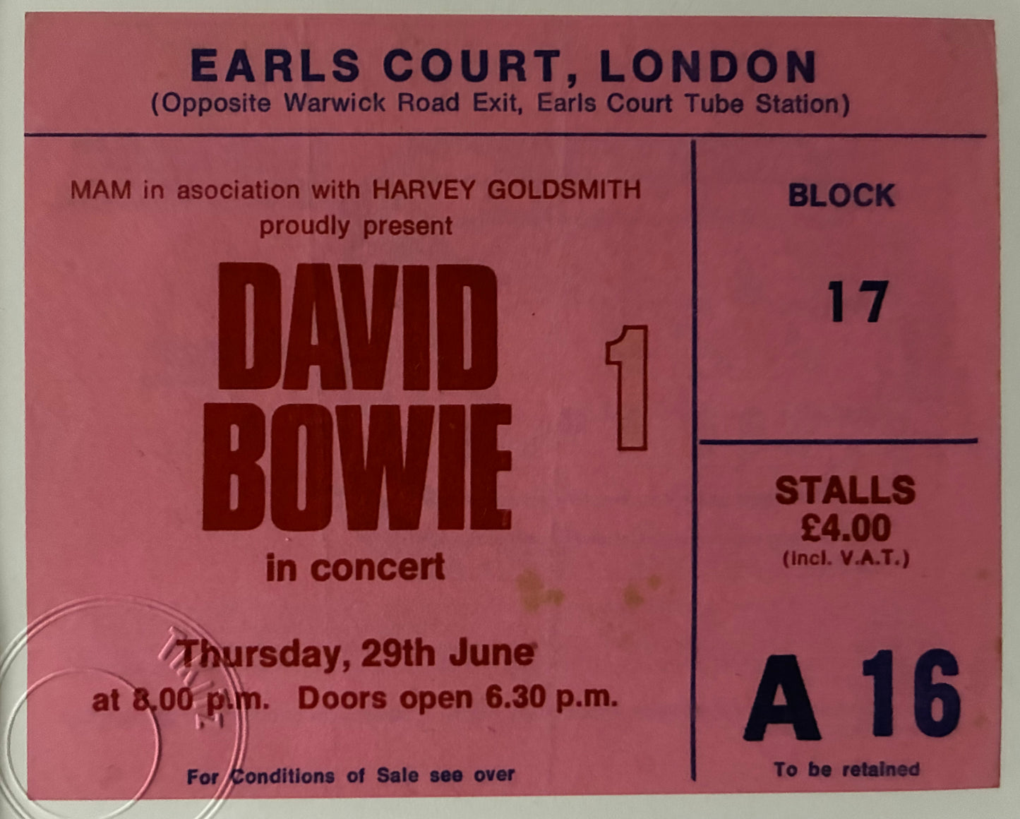 DAVID BOWIE - 1978 Earls Court, London( 1st night of a 3 night residency ) framed ticket giclee print