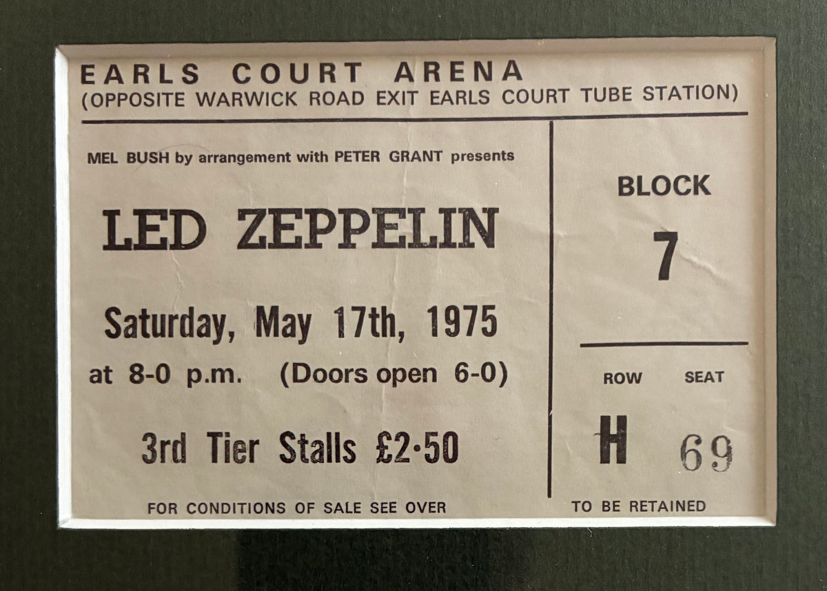 LED ZEPPELIN- 1975 “ Five Glorious Nights” concert advert and original ticket for the Earls Court, London concert on 17/5/1975 . Framed