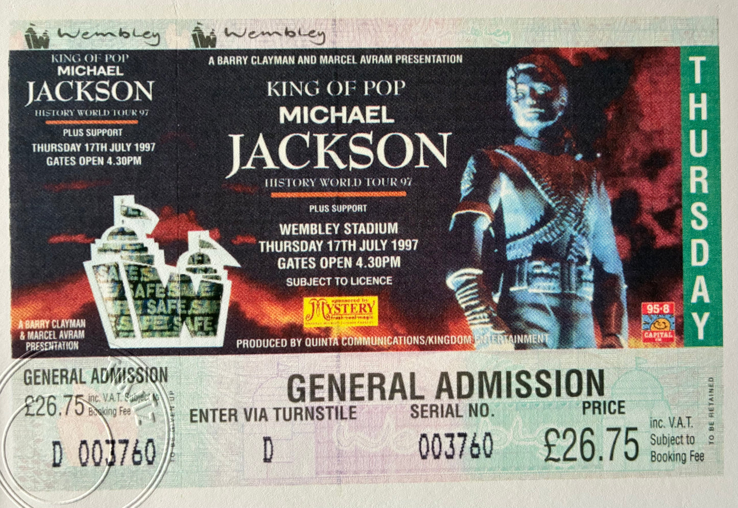 MICHAEL JACKSON- 1997 “ The HIStory World tour “Wembley Stadium , London framed ticket giclee print