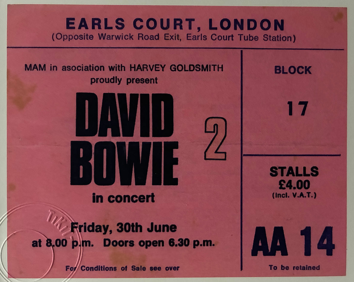 DAVID BOWIE - 1978 Earls Court ( 2nd night of a 3 night residency )London framed ticket giclee print