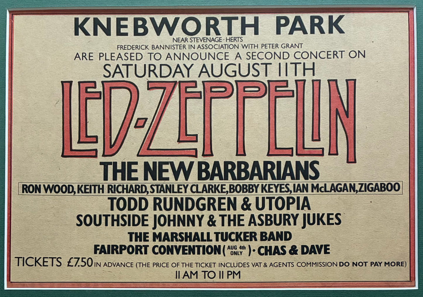 LED ZEPPELIN - Original 11/8/1979 Knebworth concert advert . Framed