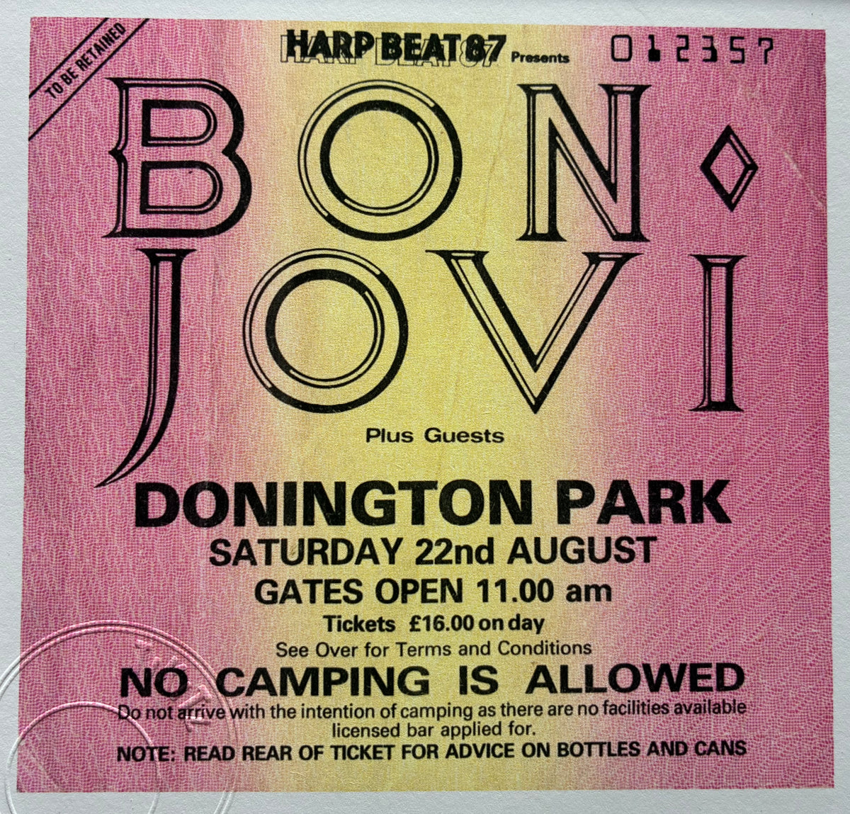BON JOVI  - 22/8/1987 Monsters of Rock at Donington Park framed ticket giclee print ( staff /Production ticket )