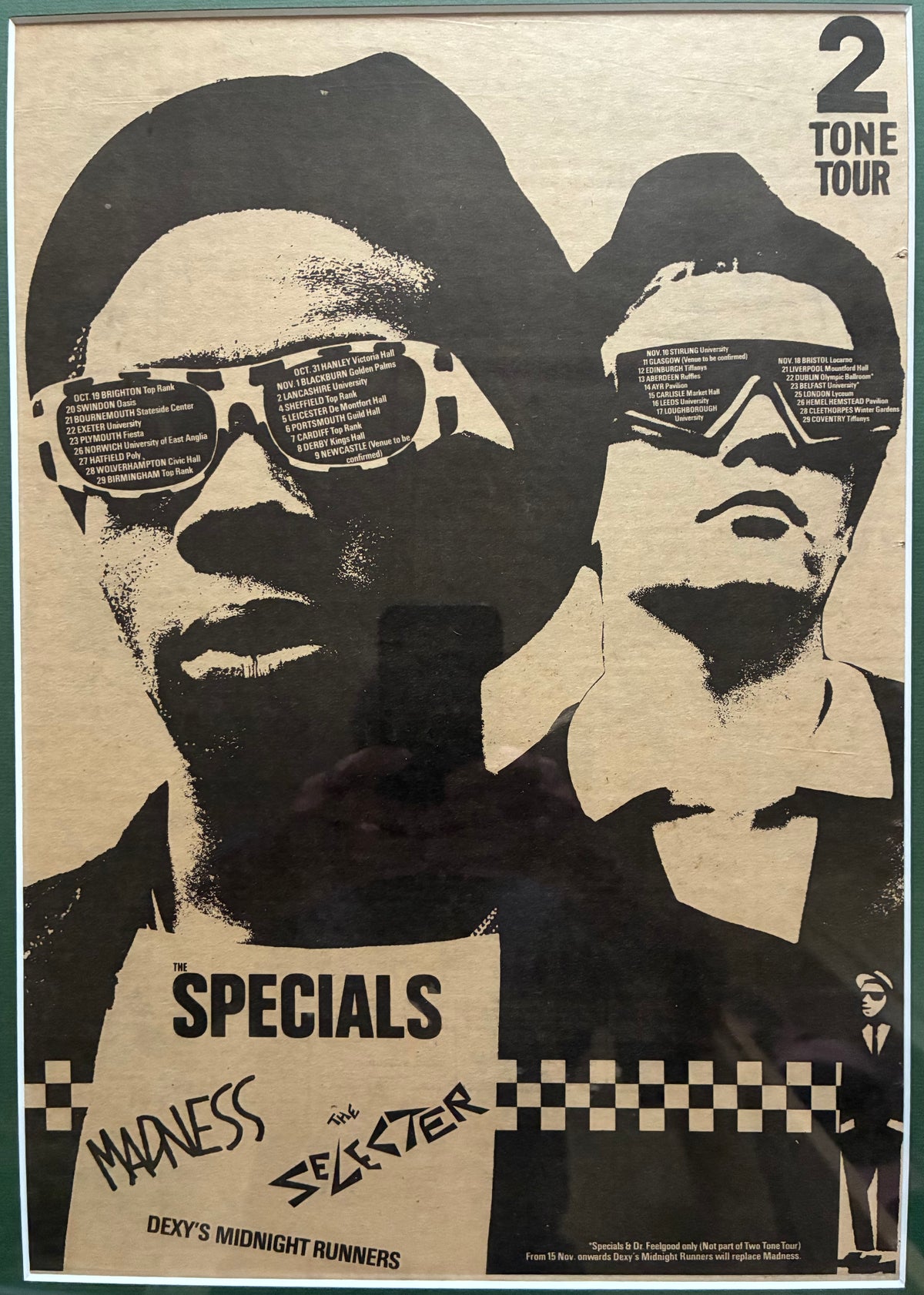THE SPECIALS / MADNESS / THE SELECTOR 1979“ The Two Tone  tour ” concert advert and original ticket for the Stirling University concert on 10/11/1979 . Framed