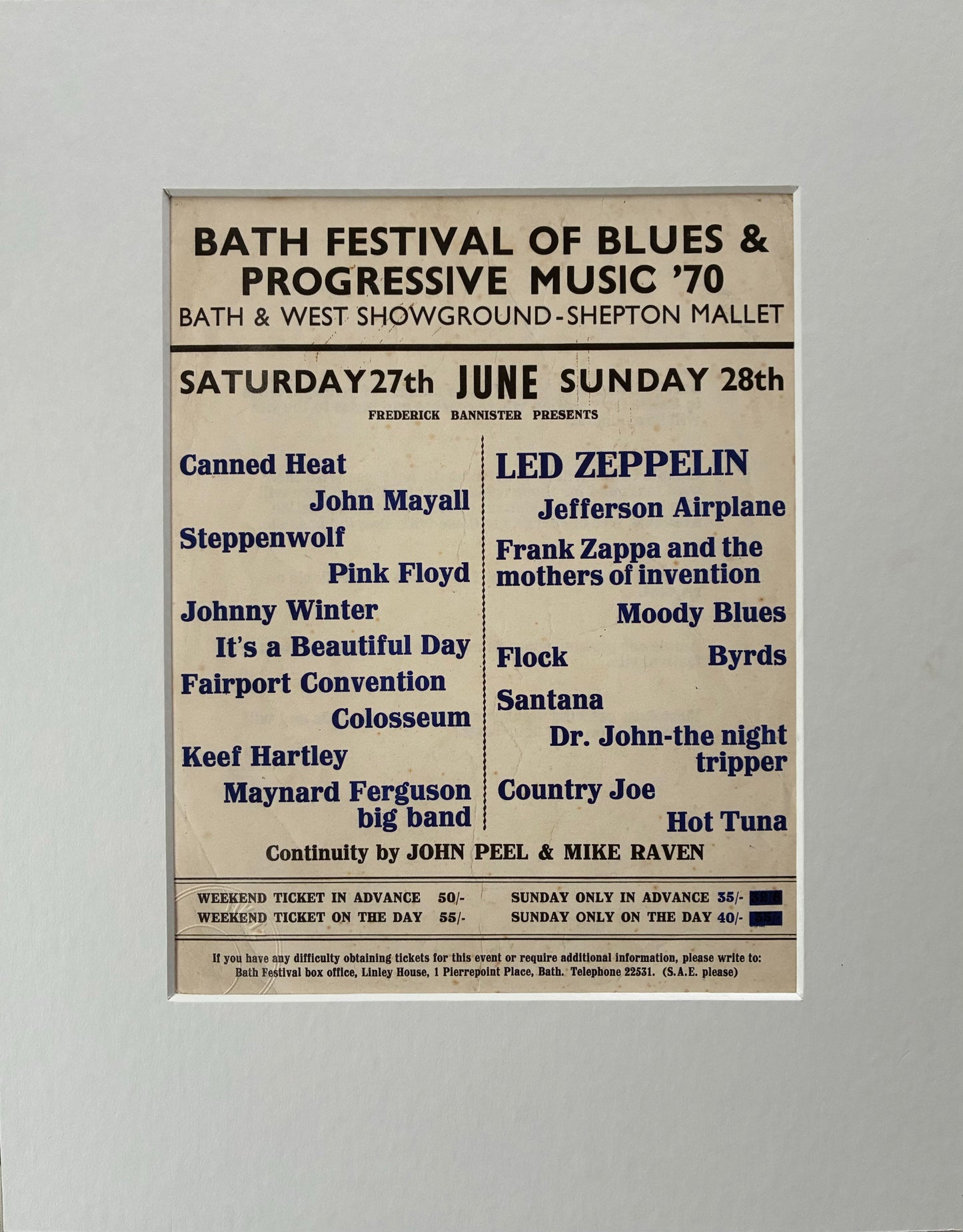 LED ZEPPELIN / PINK FLOYD /SANTANA -1970 Bath Festival of Blues and Progressive rock hand flyer framed giclee print