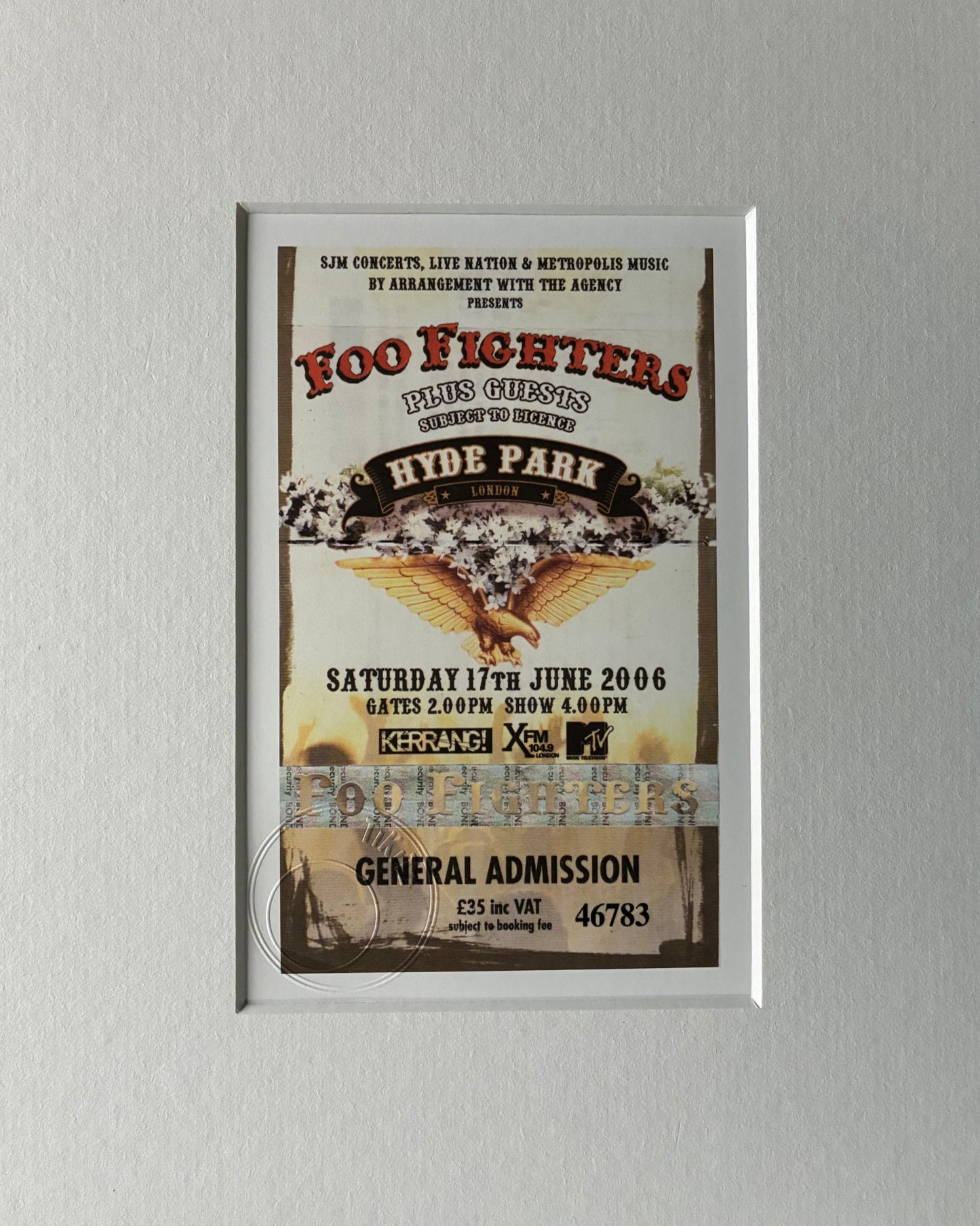 FOO FIGHTERS - 17/6/2006 Hyde Park , London framed ticket giclee print