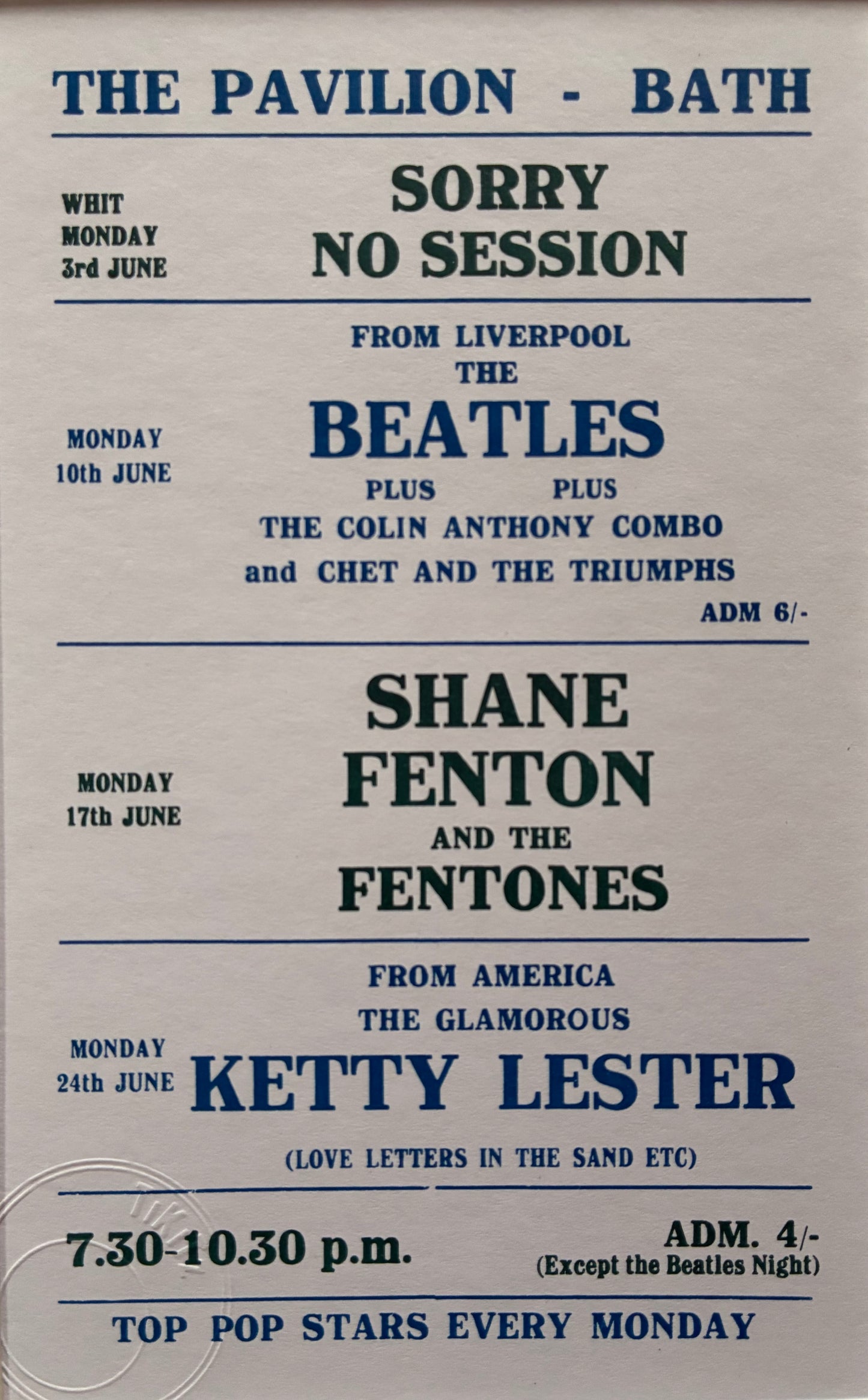 THE BEATLES - 10/6/1963 - The Pavilion, Bath, hand flyer reprint