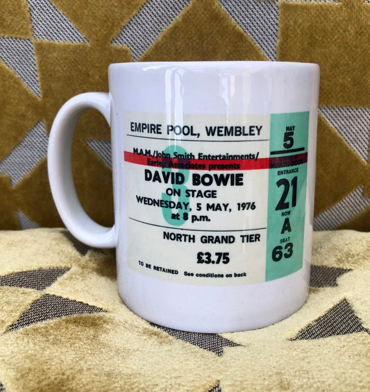 DAVID BOWIE - 11oz ceramic mug featuring the 1976 Empire Pool ,Wembley, London ticket on both sides