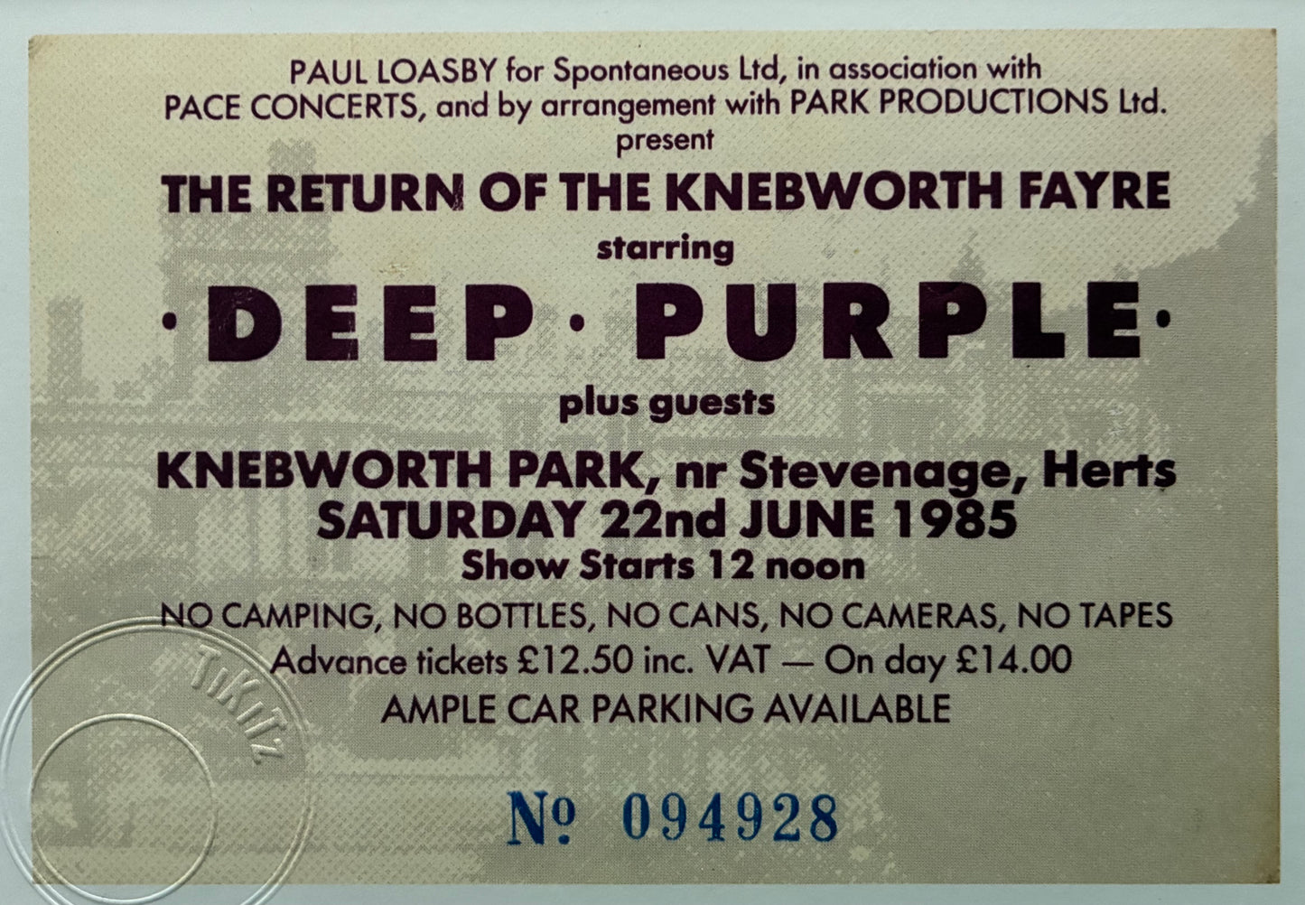 DEEP PURPLE  -22/6/1985 Knebworth Park framed ticket giclee print