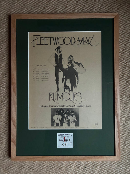 FLEETWOOD MAC- 1977 “ Rumours tour  “ concert advert and original ticket for the Rainbow , London concert on 12/5/1973 . Framed