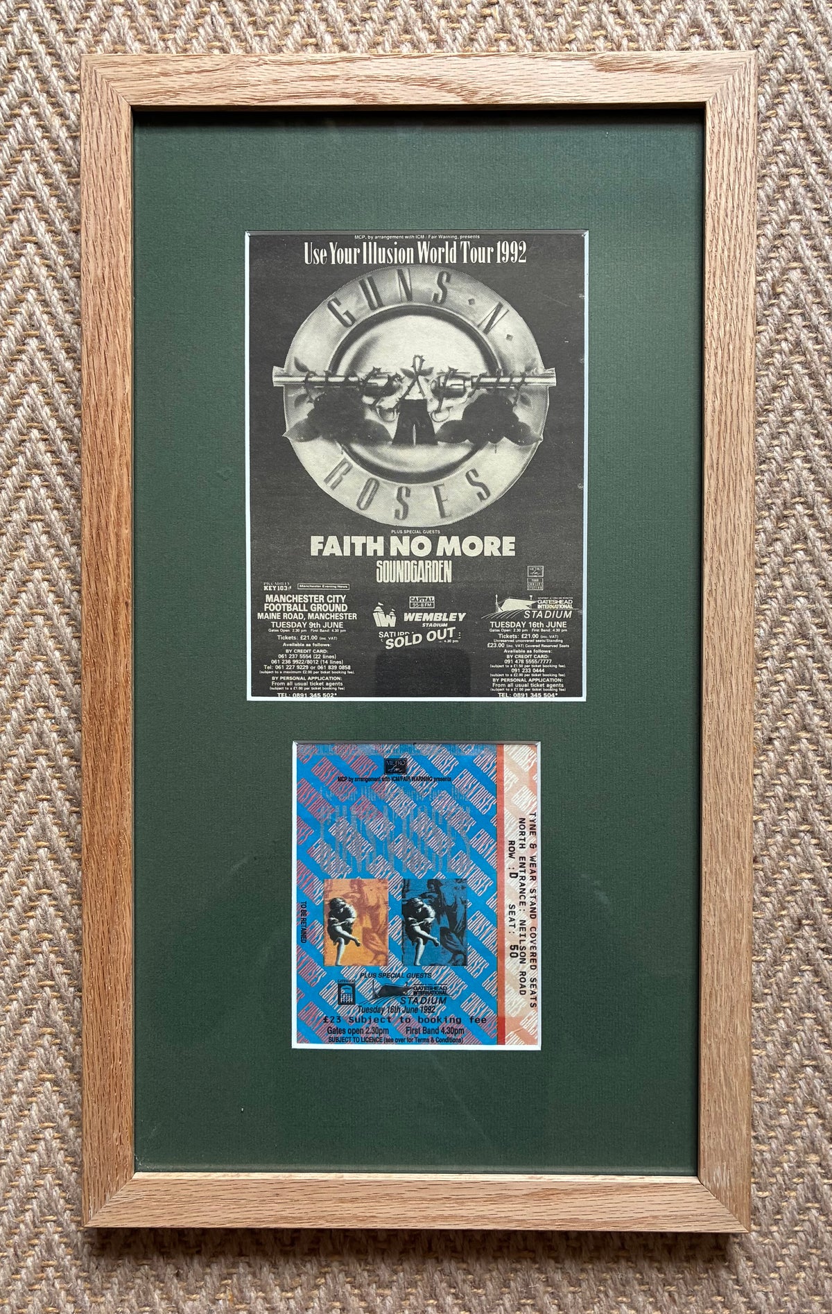 GUNS N ROSES- 1992 “ Use your Illusion “ concert advert and original ticket for the Gateshead concert on 16/6/1992. Framed