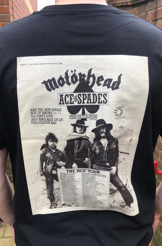 MOTÖRHEAD - 1980 “ Ace of Spades “ T Shirt . Featuring the tour advert and corresponding ticket