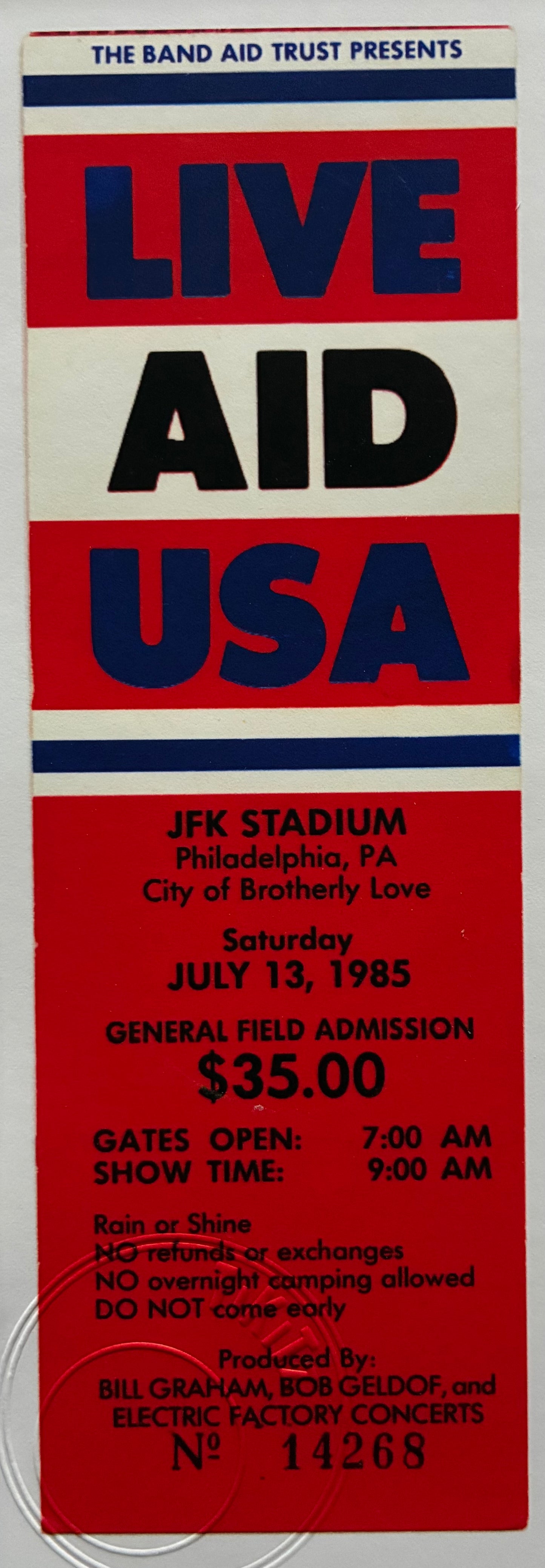 LIVE AID , USA - 1985 JFK Stadium, Philadelphia, USA  framed ticket giclee print