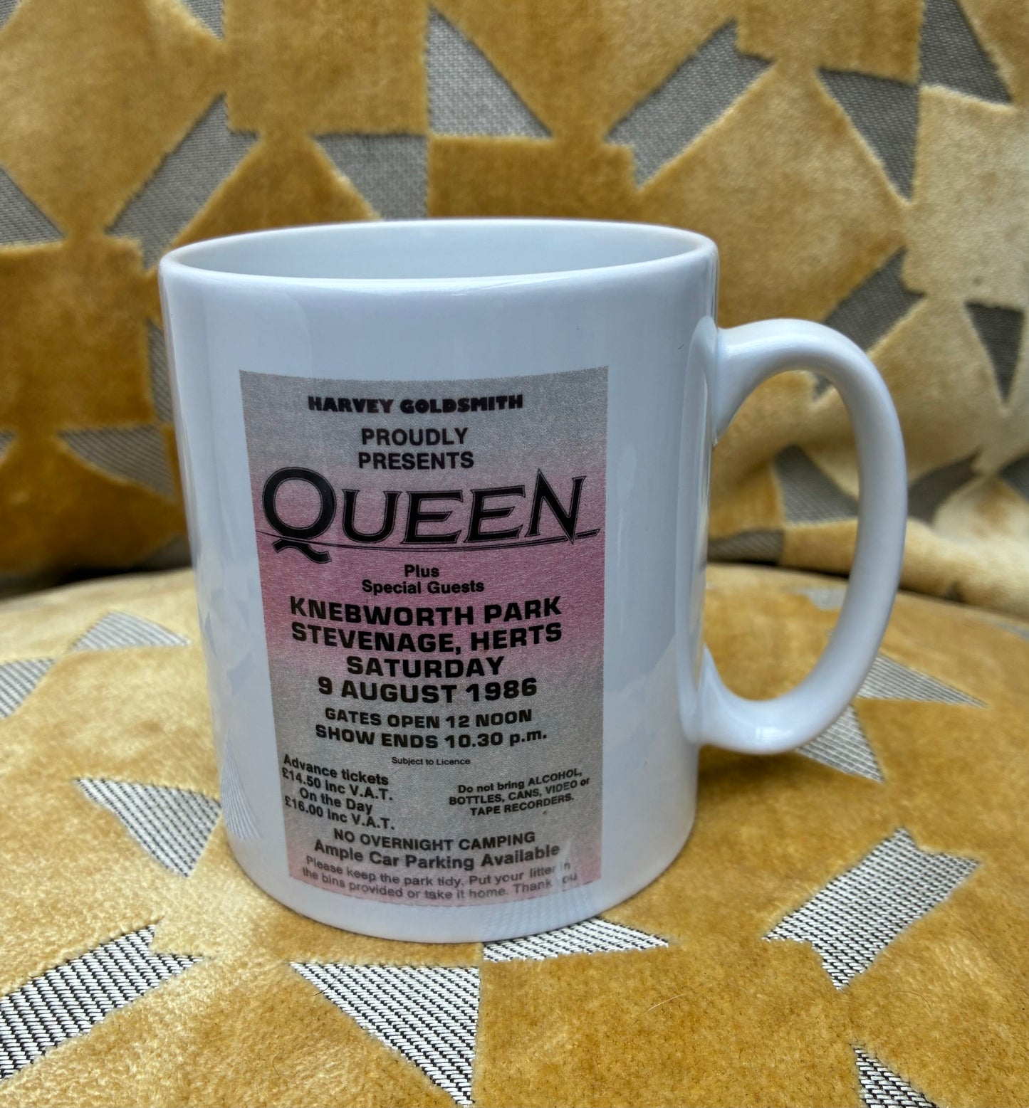 QUEEN  - 11oz ceramic mug featuring the 9/8/1986 “ Knebworth Park, Nr Stevenage, Herts  concert ticket on both sides
